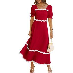 Women's 2024 Summer Square Neck Short Puff Sleeve Dress Maxi Dresses